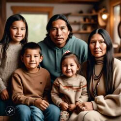 Smiling Native American family portrait in cozy living room