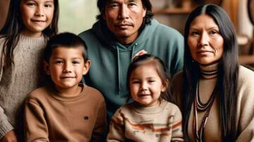 Smiling Native American family portrait in cozy living room